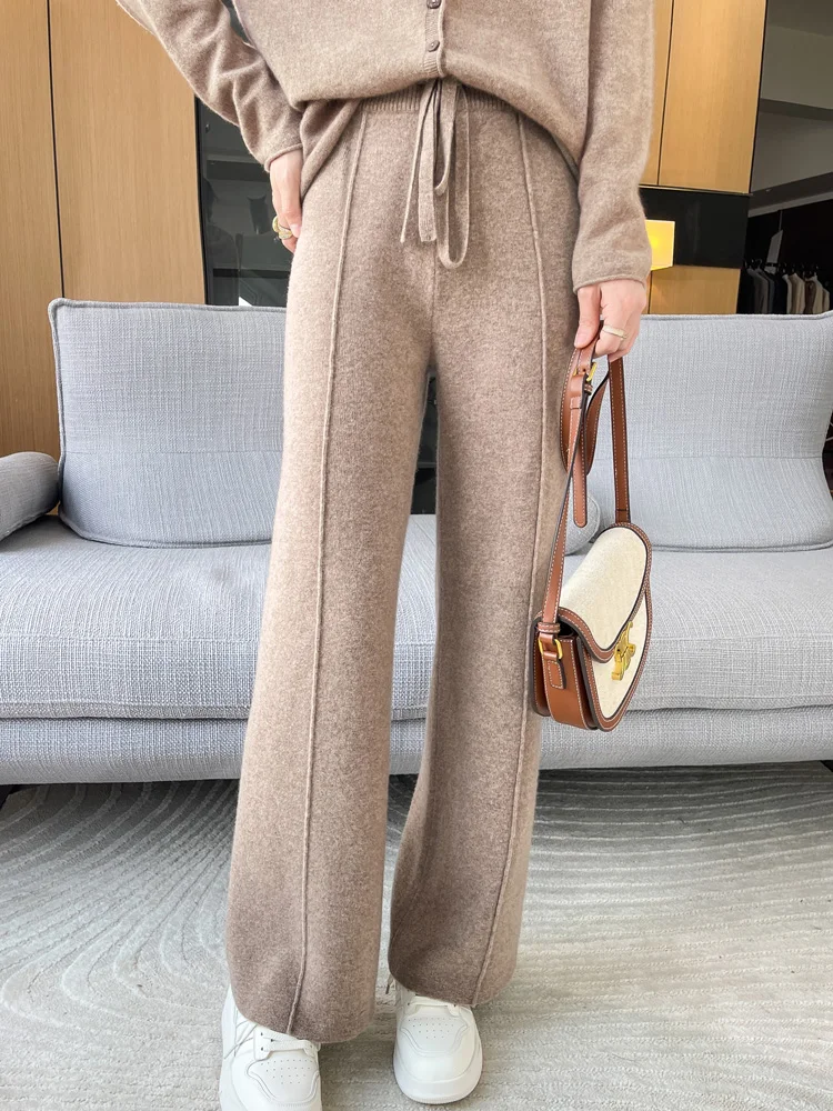 Women's Wide Leg Pants Elastic Waist Casual Loose Pants Autumn Winter 100% Merino Wool Knitwear Korean Fashion Female Trousers