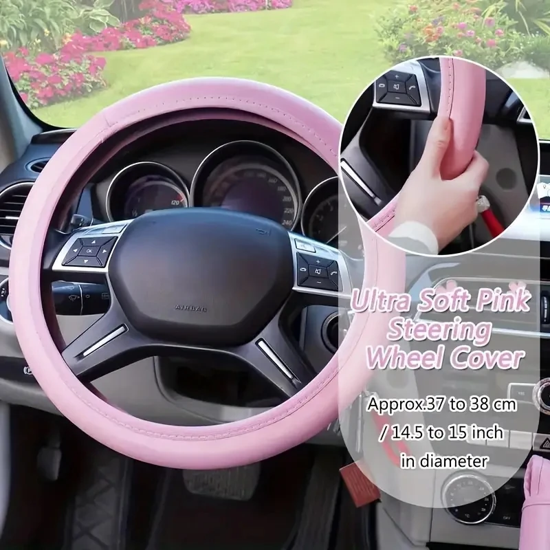 15pcs Car Accessories Set Women, Faux Leather Steering Wheel Cover Universal Fit 15 Inch, Flower Vent Clips