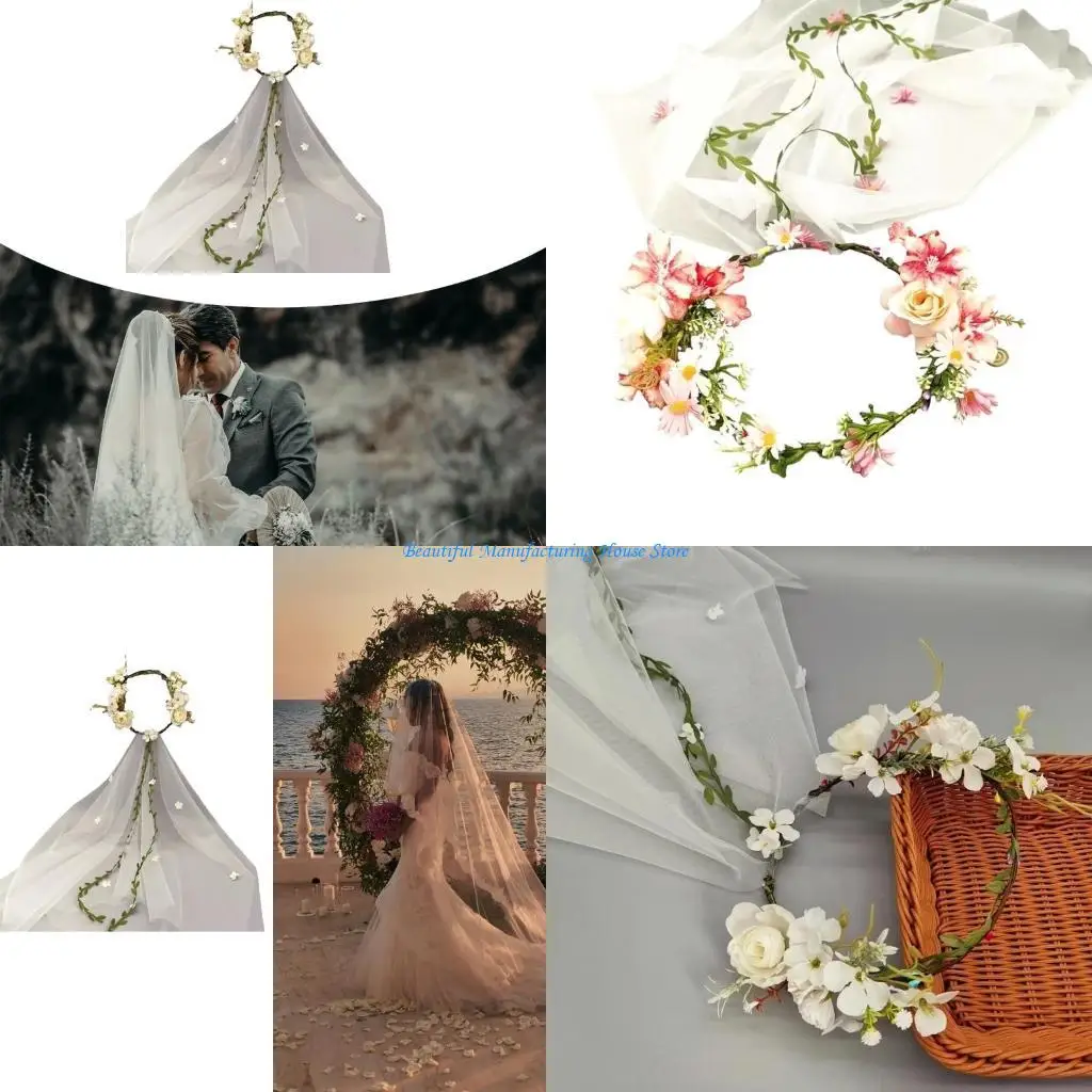 

E56A Delicate Ladies Wedding Hairband Thin Brimmed Long Tulle& Vine Flower Hair Hoop