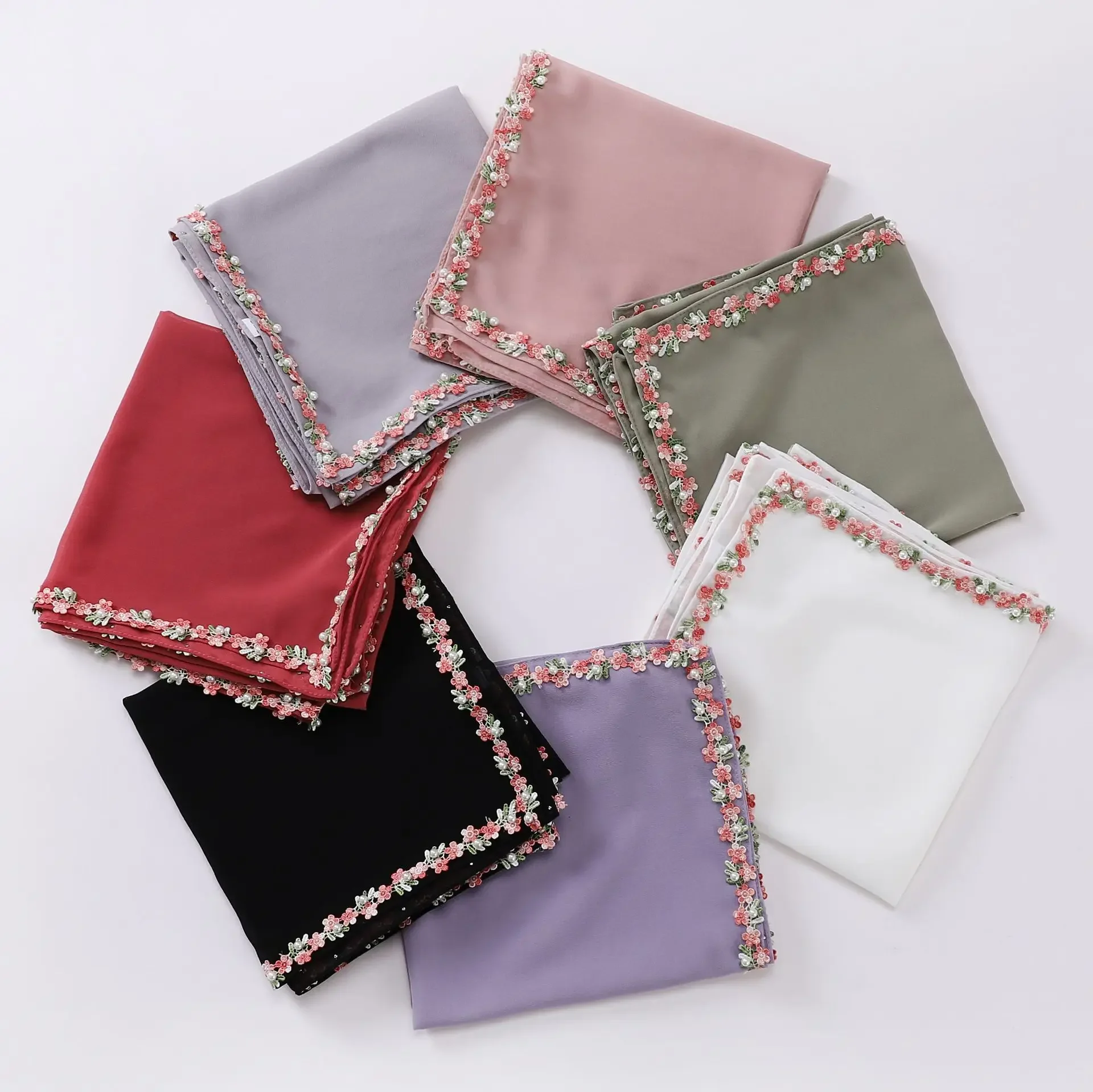 Pearl Chiffon Small Fragrant Wind Lace Bead Scarf Islamic Scarf Cute and Sweet Small Square Scarf 90*90cm