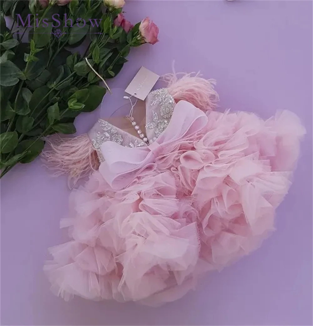 MisShow-vestido de cumpleaños rosa para niña, cuentas brillantes, plumas, lazo, fiesta de noche, vestido de bola esponjoso, niña de flores, niño pequeño