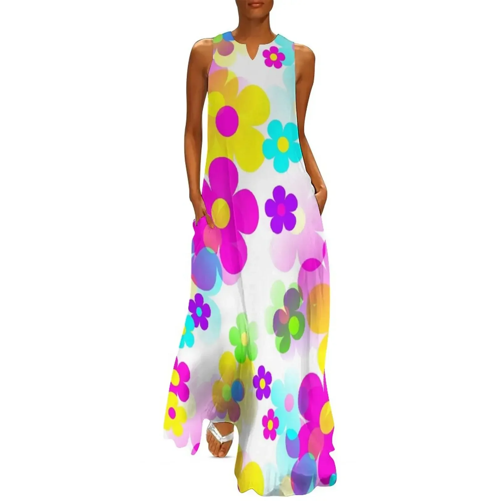 

60's Retro Mod Small Flowers Multicolor Pop Art Long Dress Women dresses summer women's fashion dresses women dress Dress