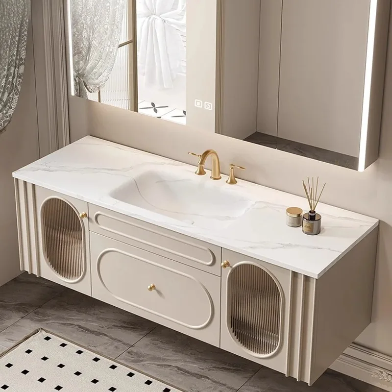 Cream wind rock slab hot bending integrated basin oak bathroom cabinet combination bathroom washstand sink customization