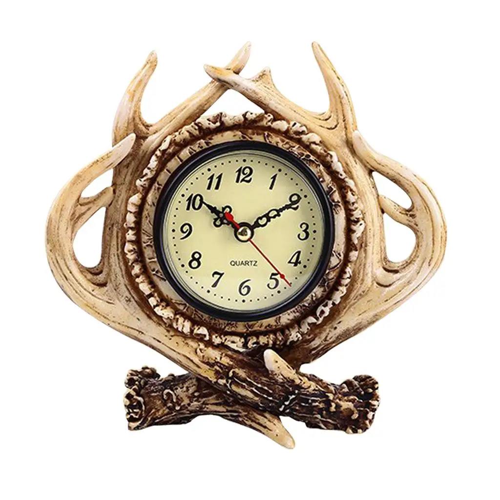 Vintage Resin Antler Alarm Clock Dest Table Clock for Home Bar Office Decor