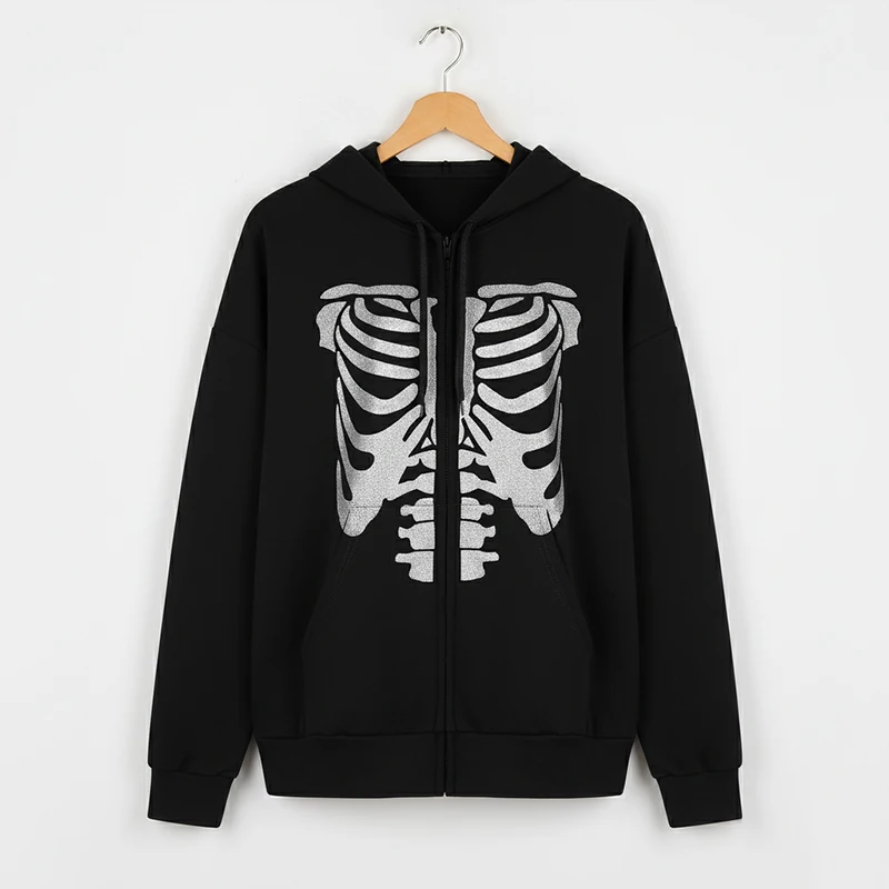 Felpa con cappuccio da donna con teschio di strass Y2K Halloween Cappotto con cerniera grafica Felpa in pile extra large Cappotto a maniche lunghe da strada gotico