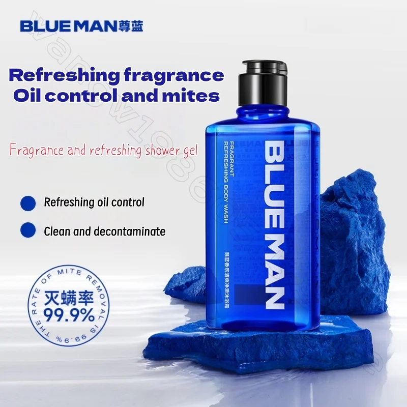 BLUEMAN-Gel de ducha y ácaros para hombre, fragancia especial, Control de aceite de aminoácidos de larga duración, eliminación de ácaros, Gel de ducha refrescante