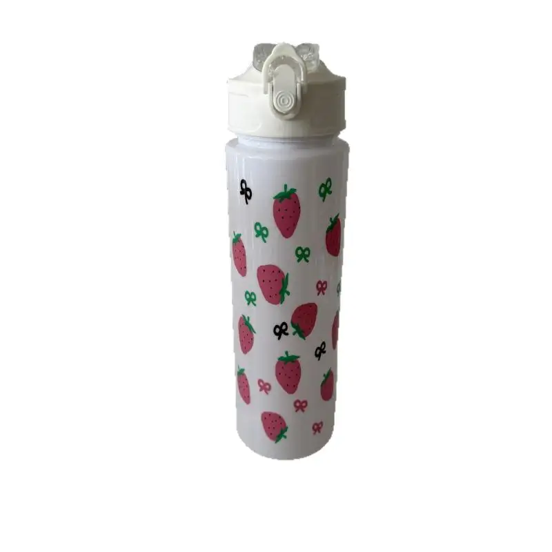 Flower Fade Resistant Leakproof Reusable Stylish Cup For Sports 750ML White Water Bottle Full Printed Cartoon Strawberry Bow