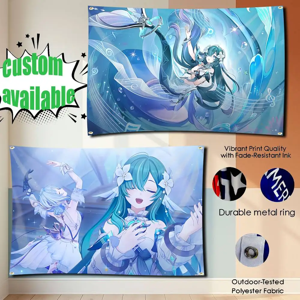 V-Vodyanitsa G-Genshin Water Imp Flag Tapestry Banner for Bedroom Living Room Outdoor Camping Custom Supported
