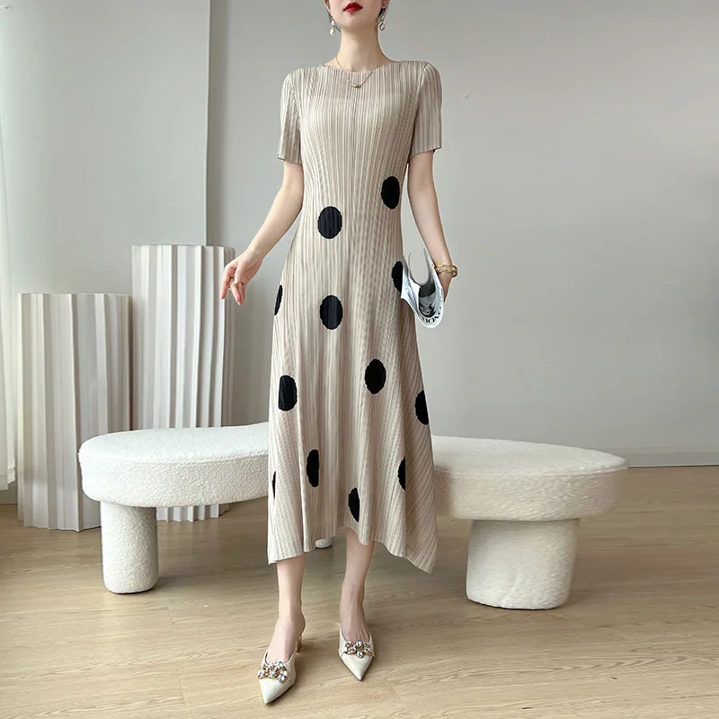 Summer pleated slim fit high waisted dress with irregular polka dot waist length  summer dress women  women clothing