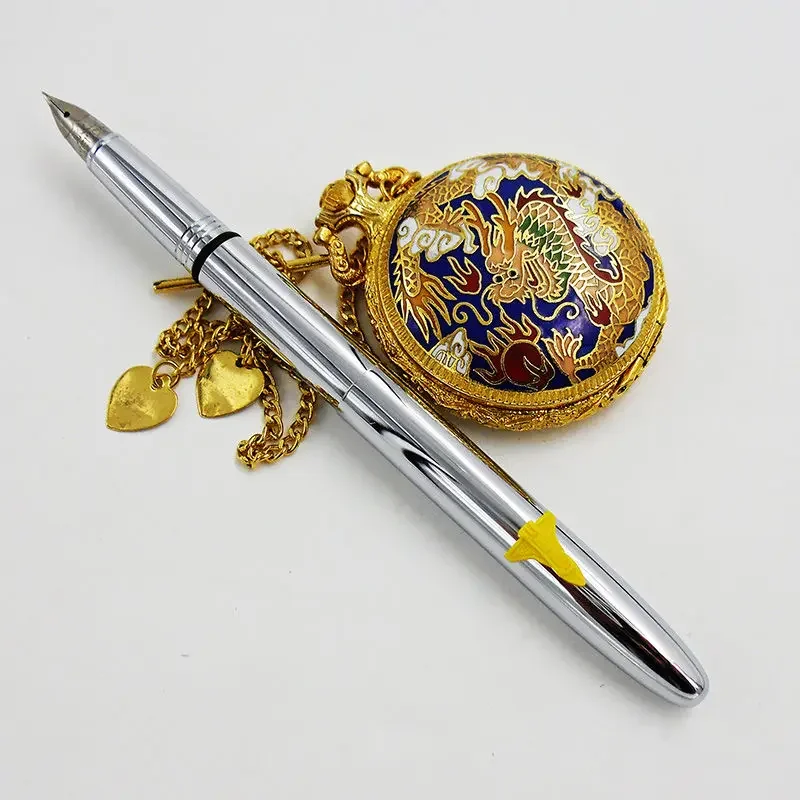 Silver Stainless Steel Aviation Short Fountain Pen F 0.5MM Hooded Nib, with Converter for Office Business School Supplies Pens