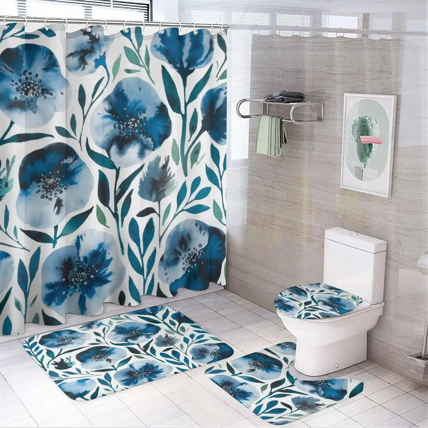 

Bathroom Sets with Shower Curtain and Rugs, Boho Pattern Printed on Bathroom Curtain Sets with Rugs, Designed for Farmhouse Boho