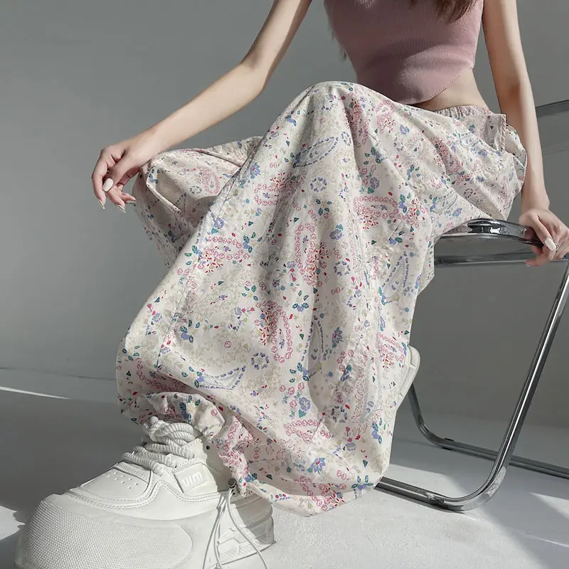Retro Floral Print Ice Silk Quick-Dry Women's Cargo Pants, Summer Lightweight, Cuffed, High-, Loose, Sweet And Cool Style