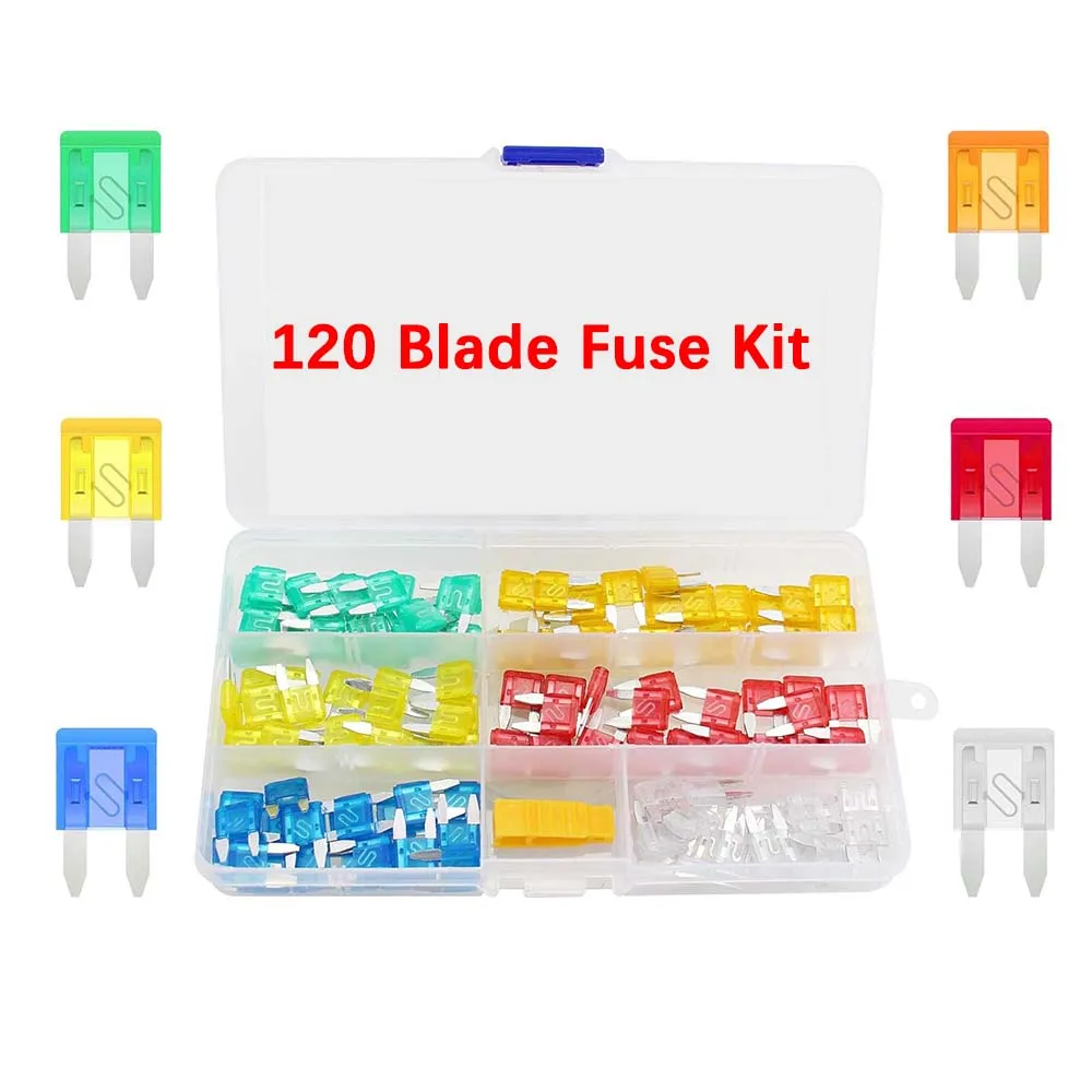 120 Pcs Mini Fuses Assortment Kit with a Fuse Puller, 5A 10A 15A 20A 25A 30A Blade Fuses for Travel Trailer, Boat, Motorcycle