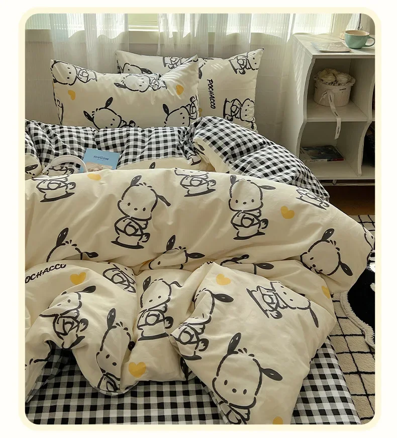 Kawaii Sanrio Anime Pochacco Bedding Set Quilt Pochacco Dog Duvet Cover Comforter Pillow Case Bedclothes Children Kid Boy Bed