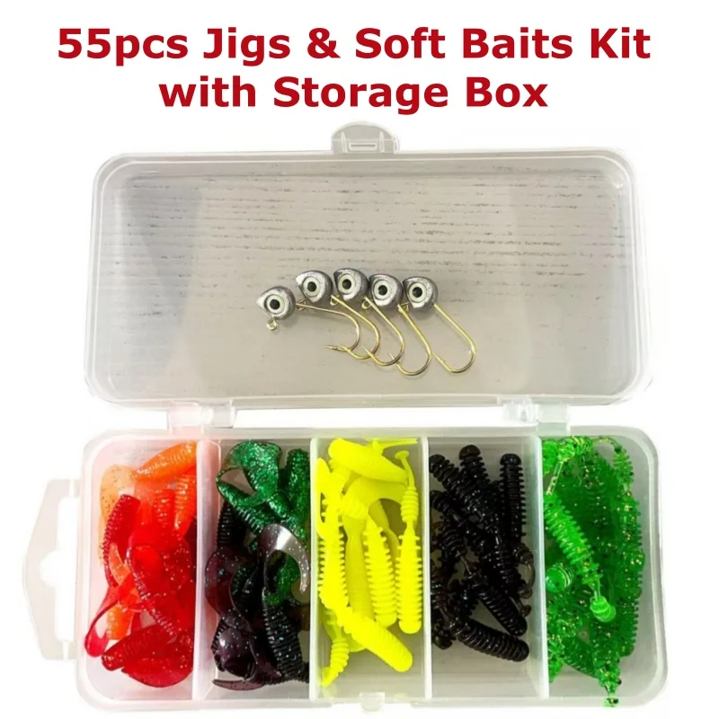 Luminous 55PCS 3D Eye Jig Head Kit 1g 2g 3g 4g 5g 7g Lead Fish Head Jigging Compatible with Any Soft Bait Bass Carp Ice Fishing