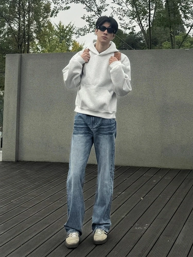 

Светло-голубые мужские джинсы американского стиля с узором молнии, прямые, износостойкие, повседневные, свободного кроя, для уличной моды