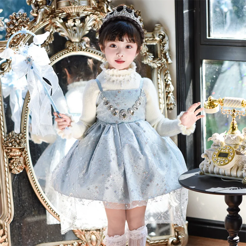 

Kid Birthday Dress Child Party Skirt Princess Lolita Dress Little Girl Ice Blue Dresses SetsBaby Girls Stage Performance Dress