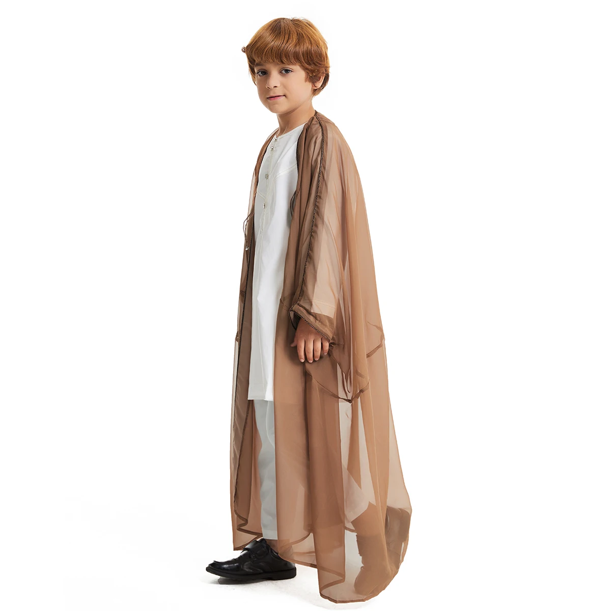 Robe Abaya Jubba en mousseline de soie pour garçons, cardigan musulman pour enfants, ouvert devant, Dubaï, Turquie, TH885