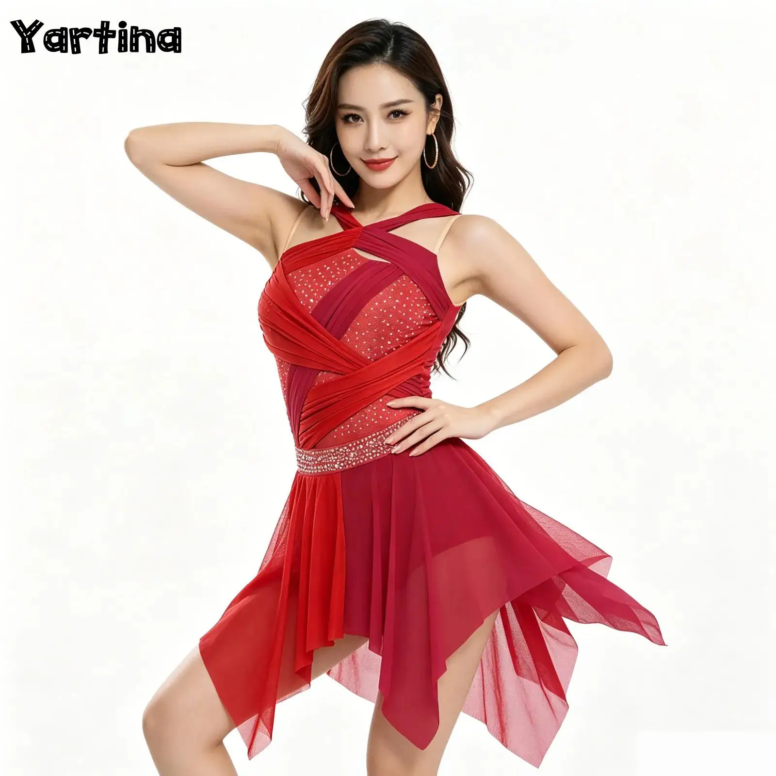 

Женское современное лирическое танцевальное платье со стразами, гимнастическое художественное балетное трико для фигурного катания, сетчатое платье-купальник с рюшами