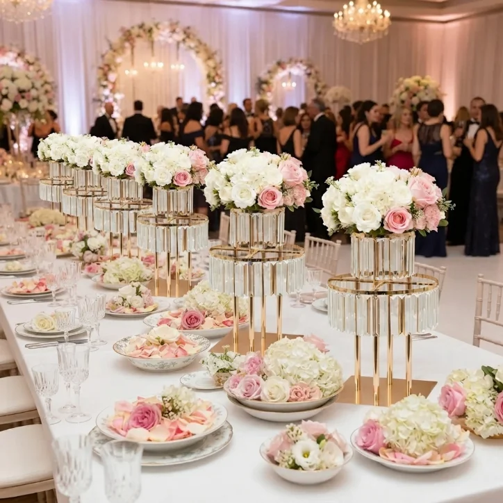 New Gold Electroplated Crystal Vase Wedding Flower Stand, Elegant Road Guide Decoration, Table Ornament for Wedding Stage Backgr