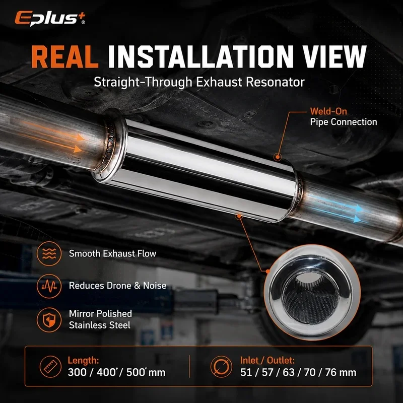 High Quality Stainless Steel Straight Through Exhaust Resonator 51 57 63 70 76mm Universal Car Middle Pipe