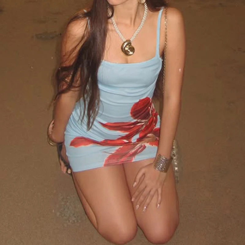 Boho Chic Spaghettiträger Minikleid Sommer Y2K Blumendruck Damen Sexy figurbetonte Kleider Strand Urlaub Stil Outfits