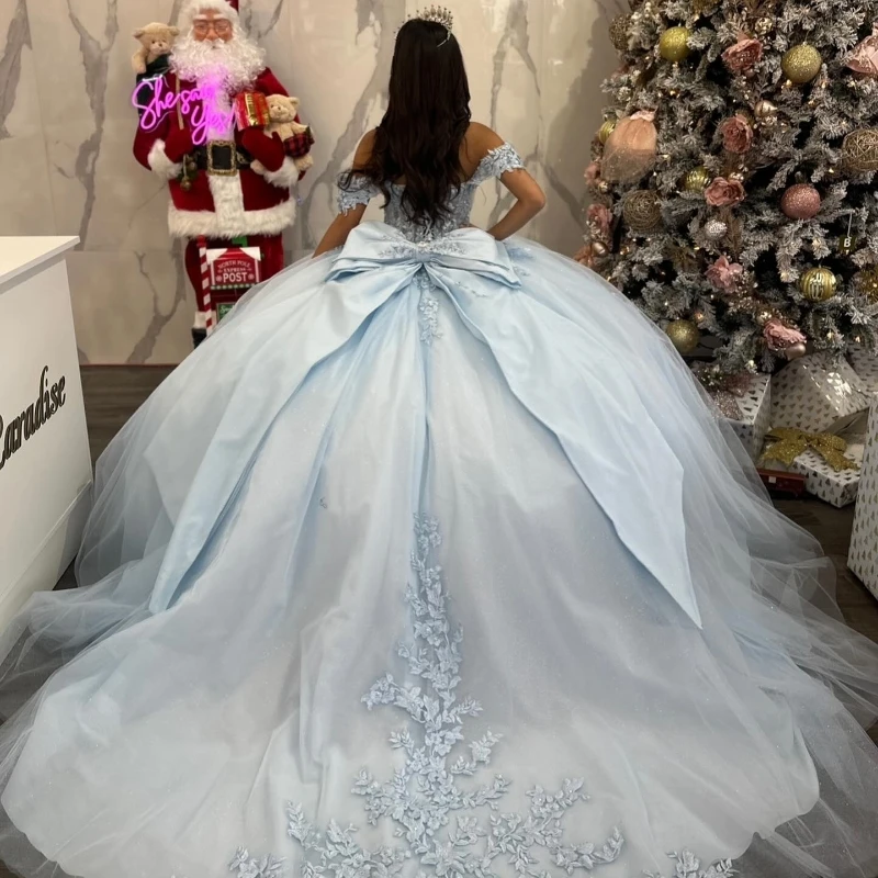 Light Sky Blue Princess Quinceanera Dress 2024 Off Shoulder Appliques Lace Beads Sequins Party Sweet 16 Gown Vestidos De 15 Años