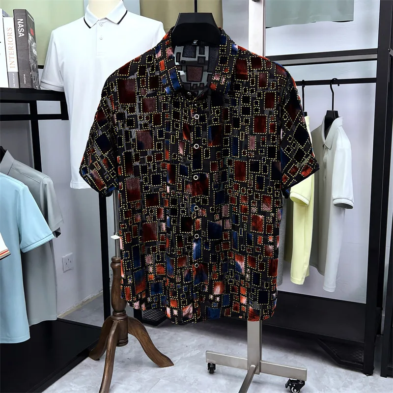 Sexy Hollow Out Plaid Shirts For Men Short Sleeve Velvet Fashion Summer Quality Breathable Translucent Premium Camisas De Hombre