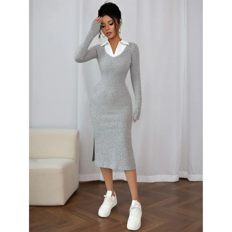 YQ1- Korean Style Lazy Style Shirt Collar Spliced Knitted Dress for Women Autumn Winter Light Gray Slim Fit Long Sleeve Dress