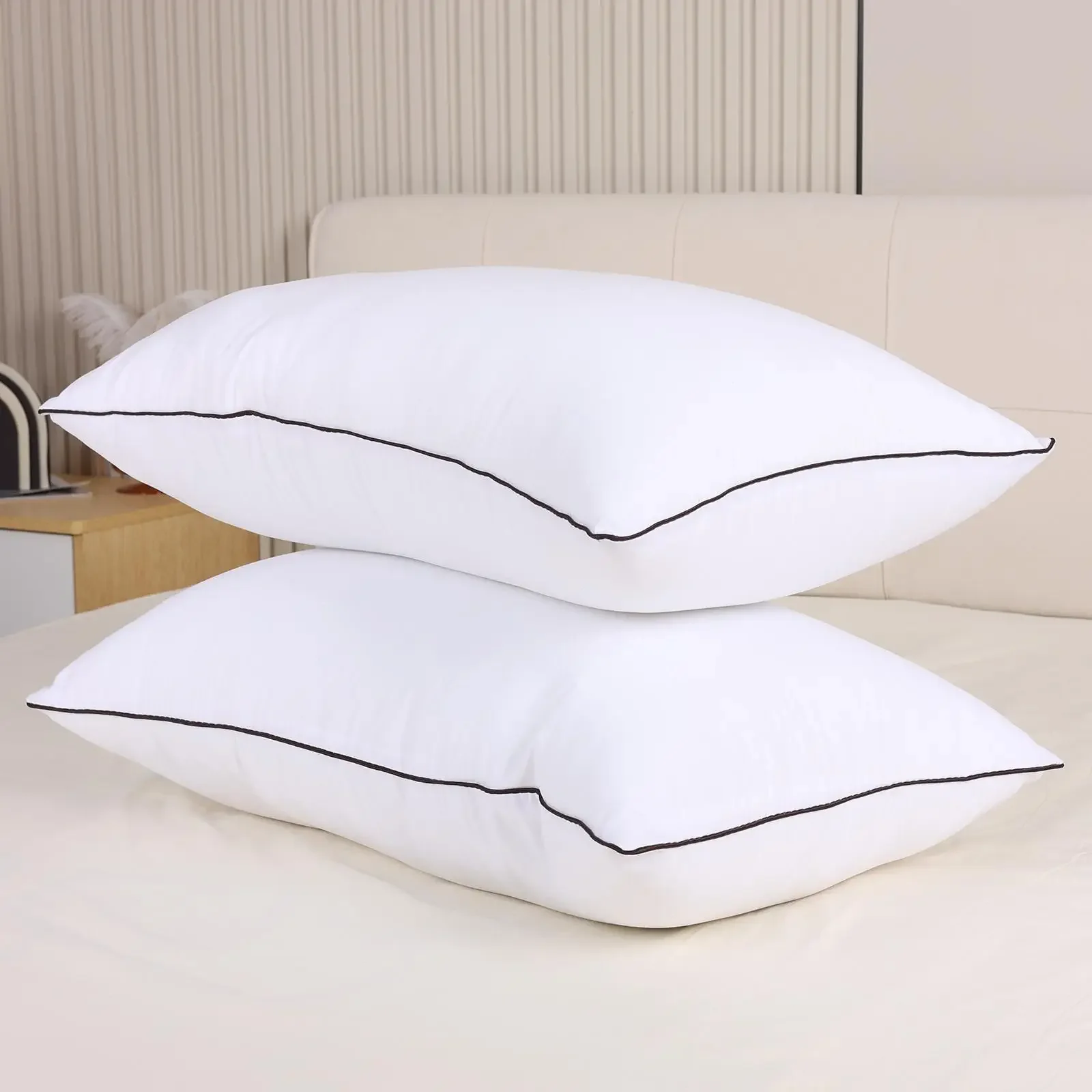 2Pcs Luxury Hotel Quality Bed Pillows Soft Breathable Sleeping Pillow High-Loft Resilient Core Neck Support Cushion All-Season Comfort Bedding Accessories for Back Side Sleepers Home Bedroom