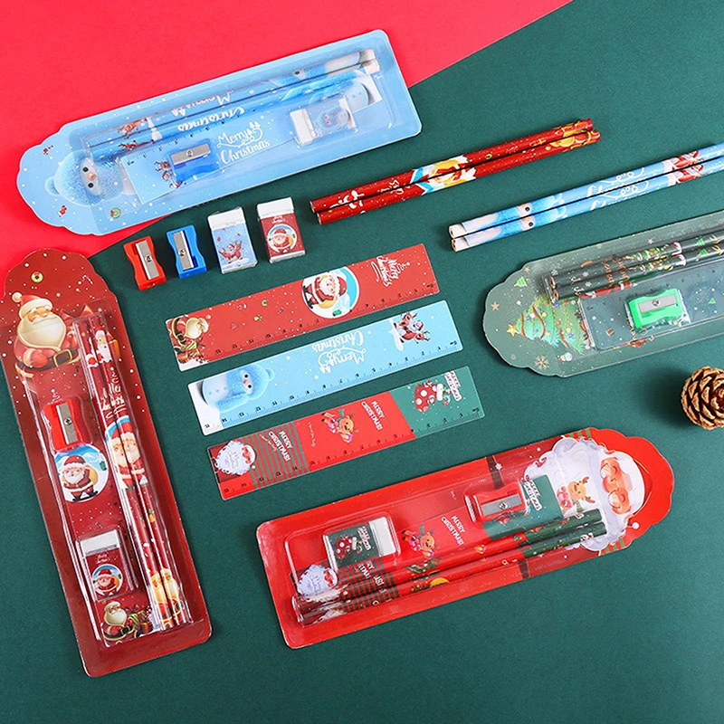 1Set Christmas Stationery Set Kids Cartoon Pencils Eraser Ruler Memo Pads Pencil Knife Set School Supplies Back To School Gift