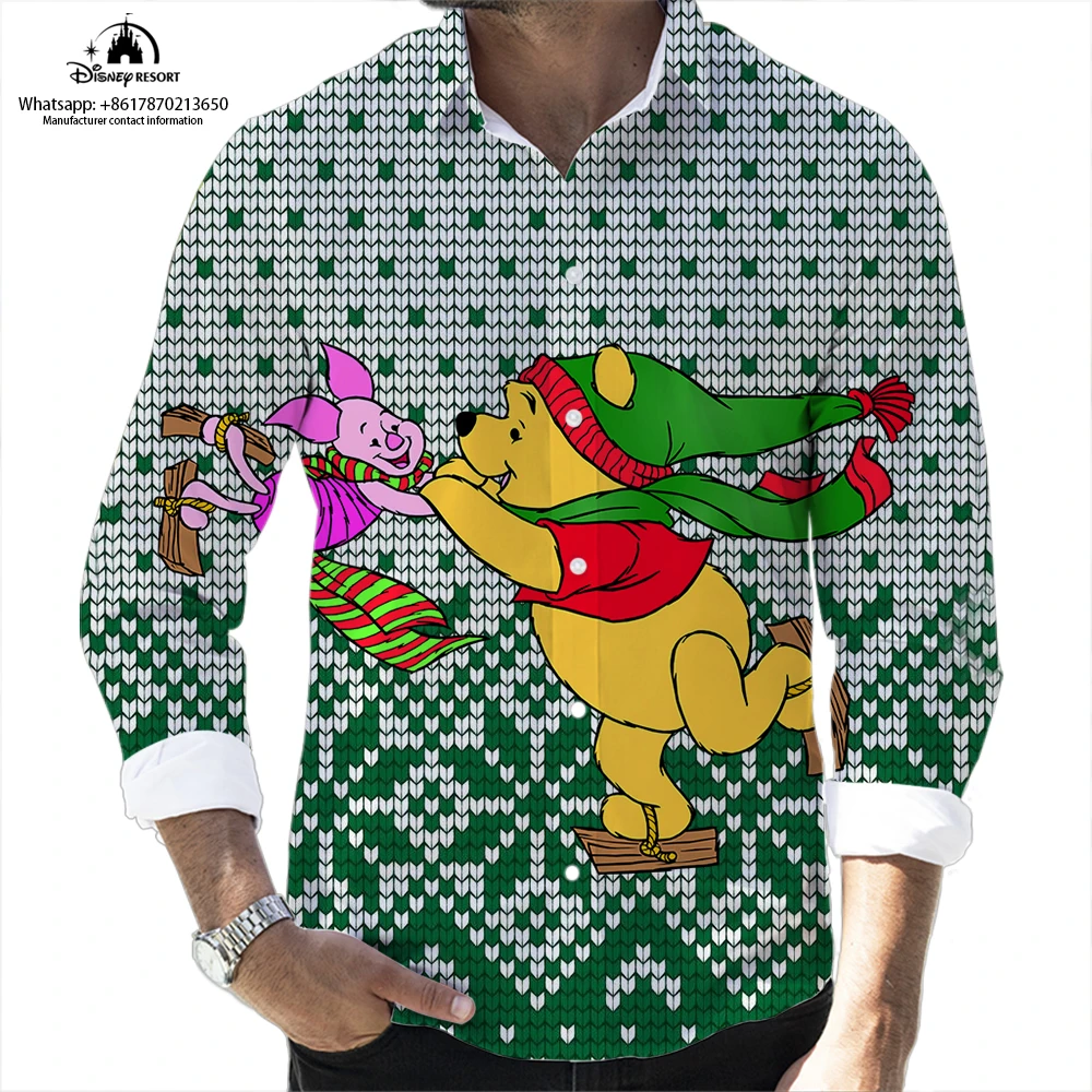 Winnie the Pooh and Mickey Anime Christmas New Autumn Disney Casual 3D Color Printing Long Sleeve Lapel Shirt Slim Fit Men Tops