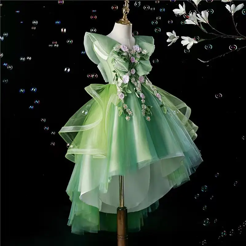 Dreamy Vow elegante vestido verde salvia para niña flores hechas a mano para niños boda cumpleaños fiesta hasta la rodilla vestido de baile J725