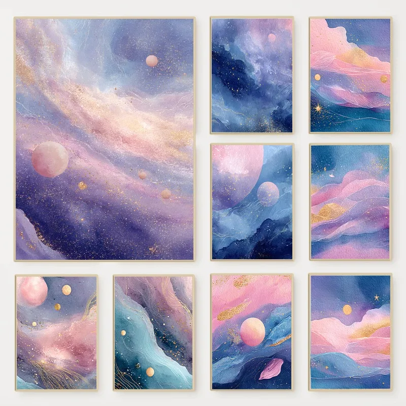 Modern Watercolor Galaxy Poster Abstract Pastel Space Cosmic Planet Canvas Painting Wall Art Picture for Living Room Home Decor