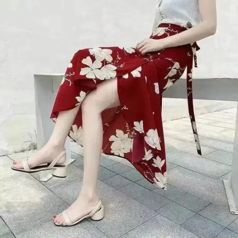 

Wrap Skirts Women Casual Chiffon Tie-Waist Ruffle Wide Leg Loose Floral Skirts String Belt One Piece Wrap Beach Skirts