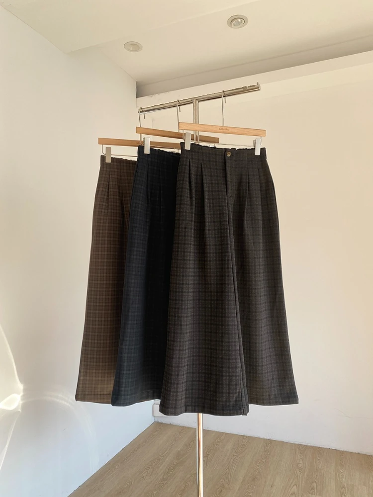 

Korean style casual versatile plaid 9-inch wide leg pants for women commuting autumn new fashion long woolen pants