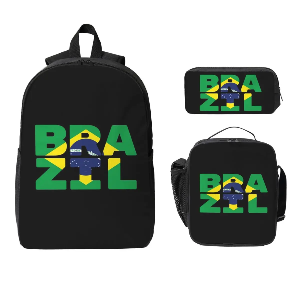 Brazil Flag Text Backpack Student BookBag School Bag Computer Shoulder Bags 3ps Insulated Lunch Bag Pencil Case