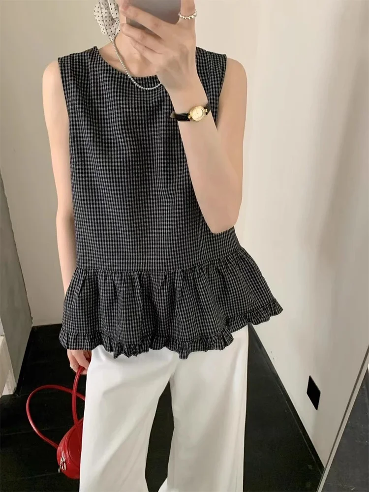 Gilet da donna vintage scozzese Bal con bottone singolo Estate New Sle Agel Svel irt Top Loose Fit Commute Sle