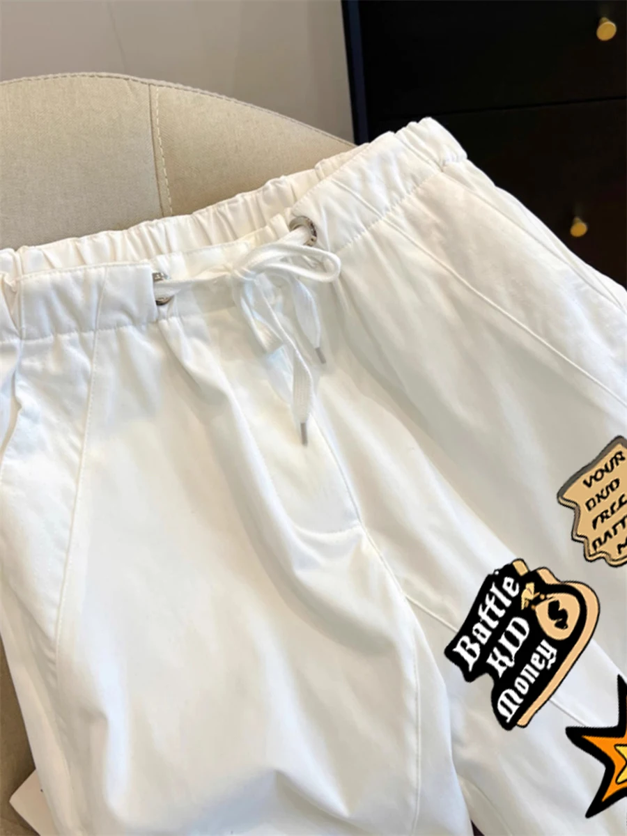 Weiße amerikanische Retro High Street bedruckte lässige Arbeitshose ex Sommer faule lockere Hose mit geradem Bein für Männer und Frauen