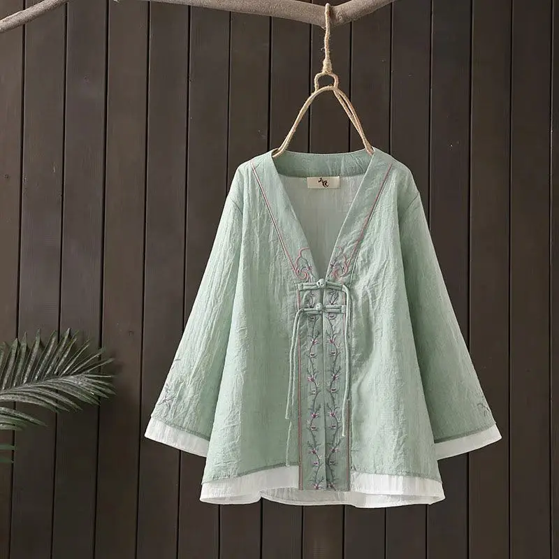 

Retro Embroidered Buttoned Open Cardigan Cotton Linen Shirt Women's Autumn New Chinese Zen Tea Clothing V-Neck Coat Top