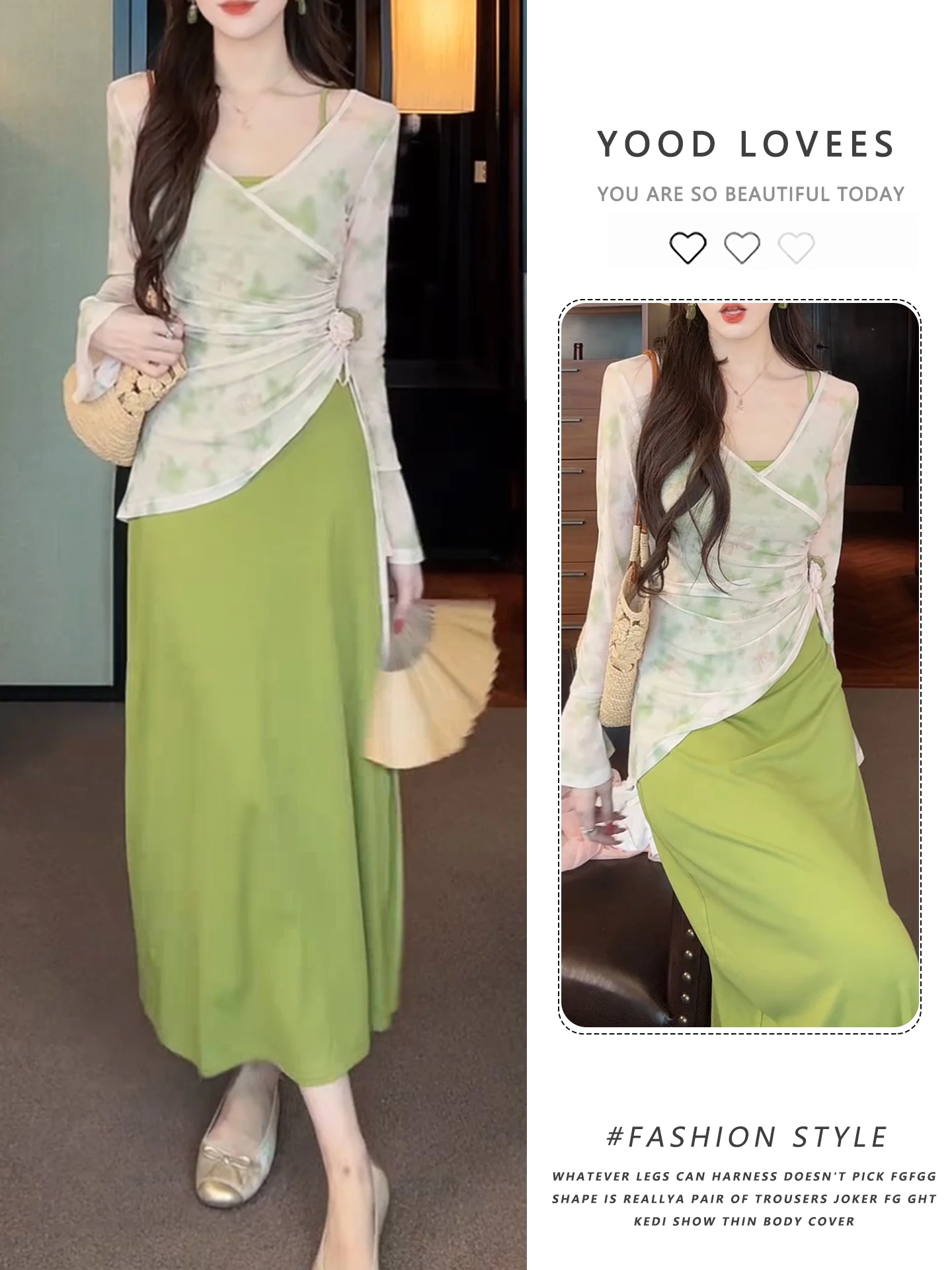 

Elegant Chinese Style Long Sleeve V-Neck Dress Beautiful Pure Desire Fashion Set High Waist Slimming Long Skirt Two-Piece Suit
