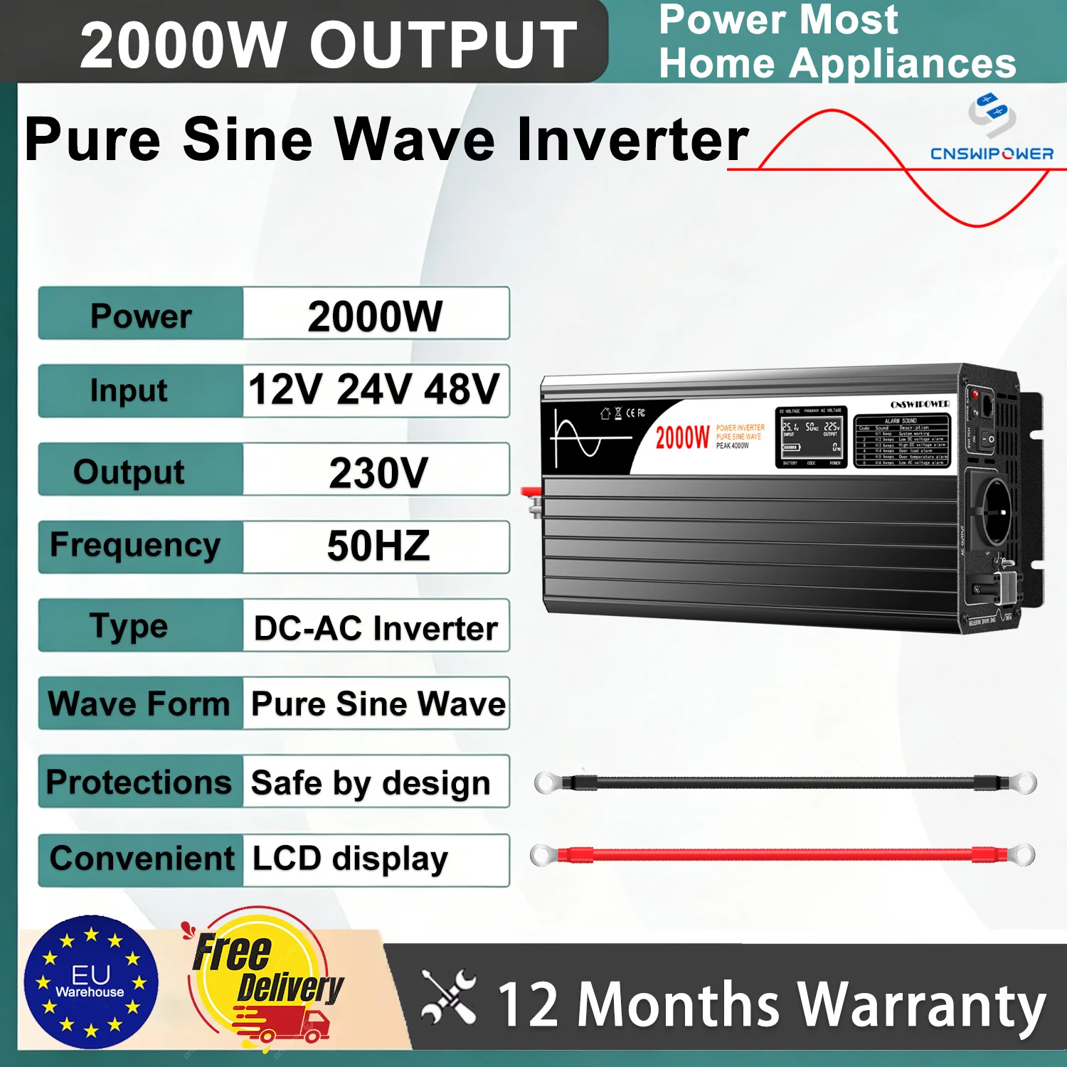 CNSWIPOWER Inverter a Onda Sinusoidale Pura 2000W da DC 12V/24V/48V a AC 230V, Convertitore di Potenza Portatile per Camper, Campeggio, Casa e Backup di Emergenza