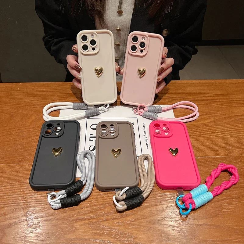3D Gold Heart Soft Lanyard Rope Phone Case For iPhone 17 16 15 14 13 12 11 Pro Max X XS XR 7 8 Plus Hand Strap Shockproof Cover