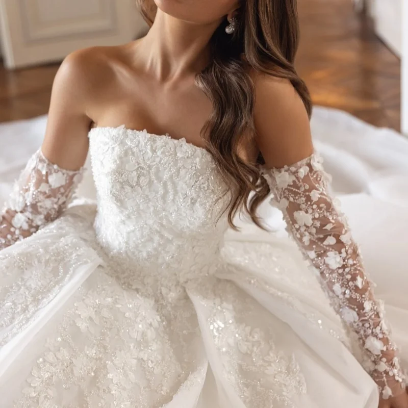 

White Wedding Dresses off-shoulder The corset glitter decal Bridal Gowns A-line skirt decoration multi-layer Made ﻿Customize