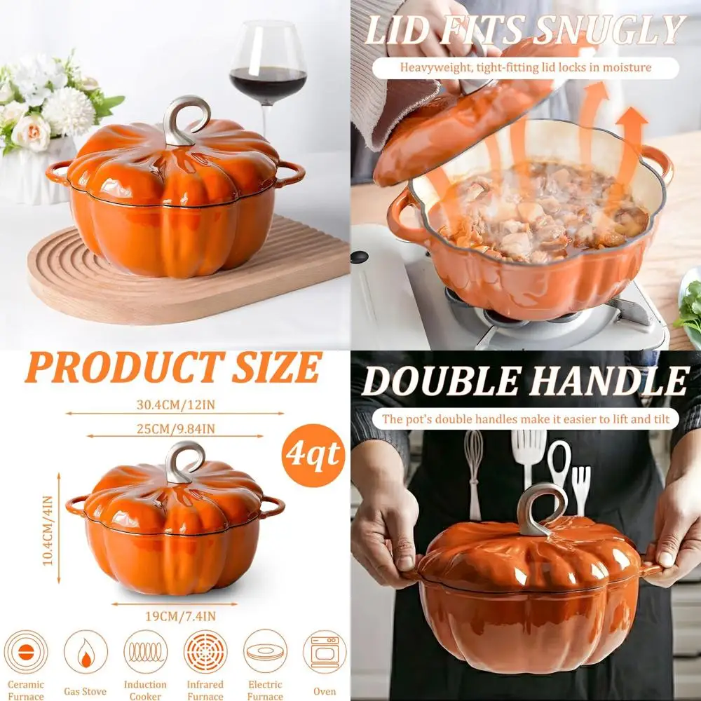 

Enamel Cast Iron Pumpkin Cocotte, 4 Quart Dutch Oven Cooking Pot with Lid, Ideal for Soups, Serves 3-5, Perfect for Christmas Ga