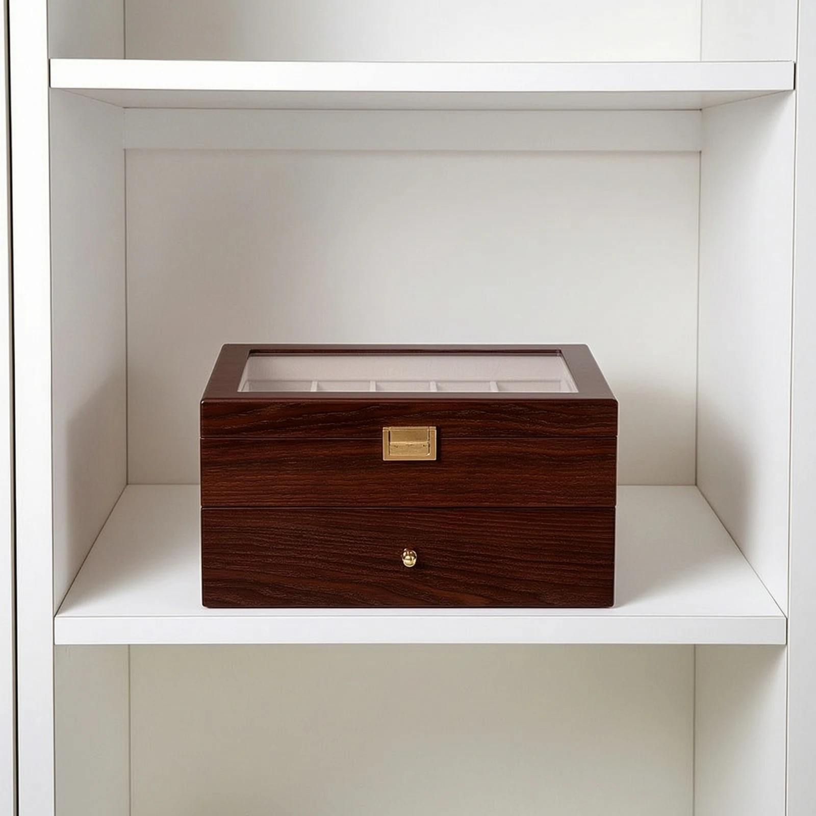 Watch Box with Drawer Wooden Watch Storage Box Organizer Two-Tier Wood-Grain for Collectors, Dresser
