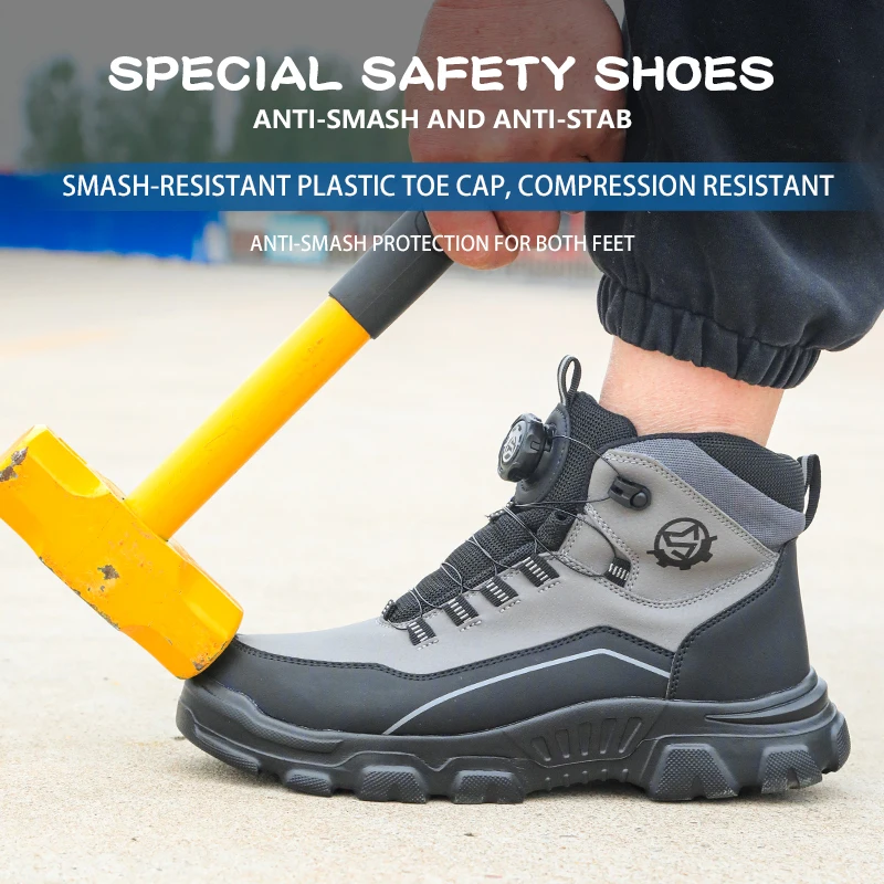 High Top Knob Buckle Safety Shoes, Mining Boots, Work Shoes, Anti-Smashing and Anti-Piercing Lightweight