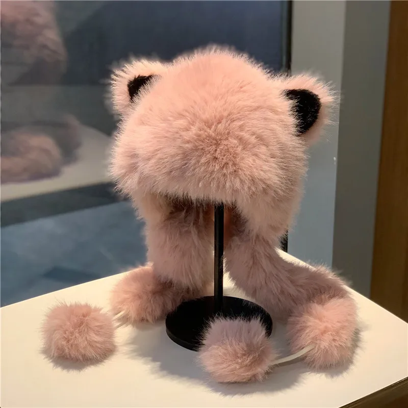 قبعة شتوية جديدة من فرو الثعلب للنساء في الهواء الطلق دافئة لركوب الخيل وحماية الأذن وشاح لطيف من قطعة واحدة هدية للفتيات #3