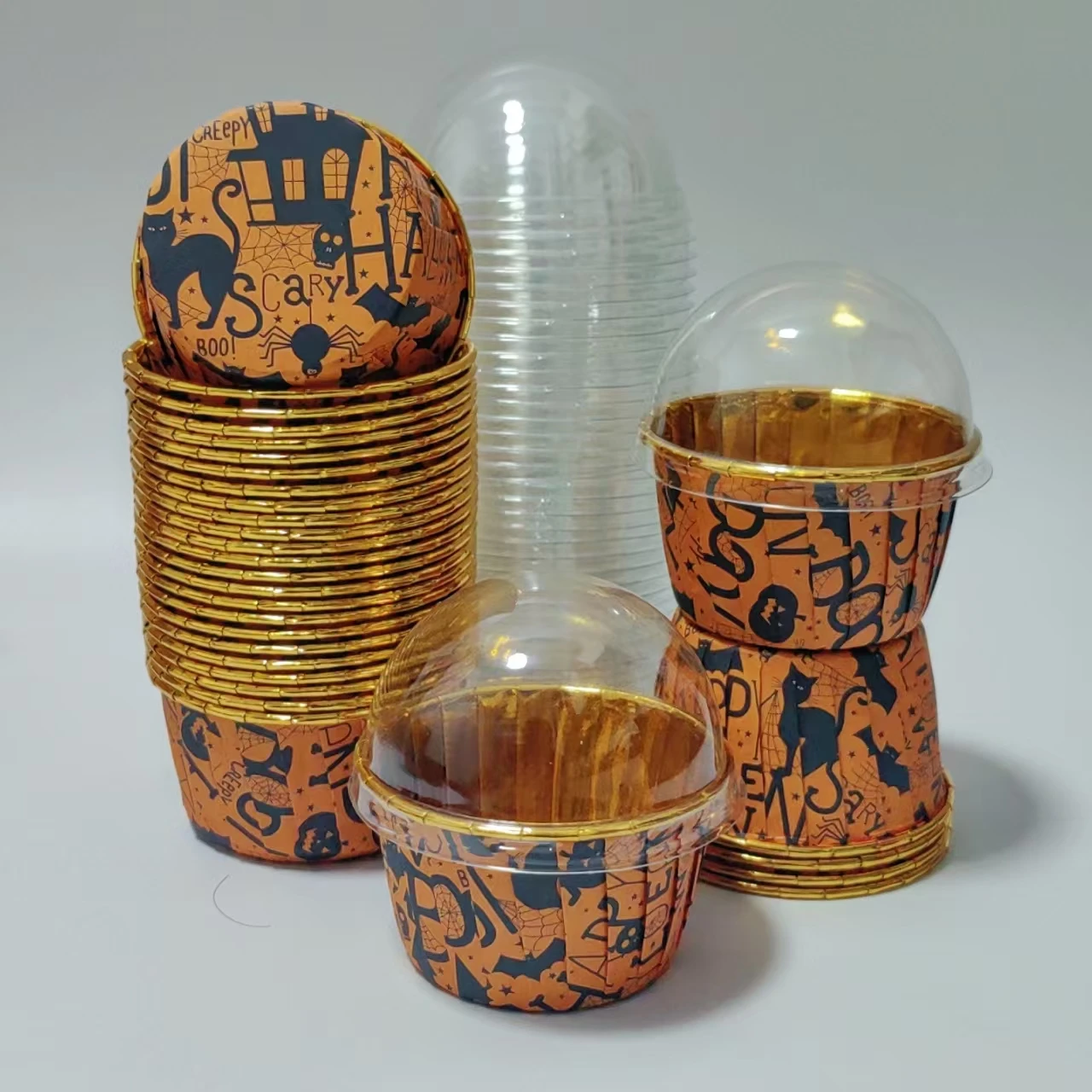 أكواب كعكة على طراز الهالوين، 50 قطعة من أكواب كب كيك للاستعمال مرة واحدة، أكواب مافن مع أغطية/بدون أغطية، أكواب الخبز، مقاومة للحرارة #6