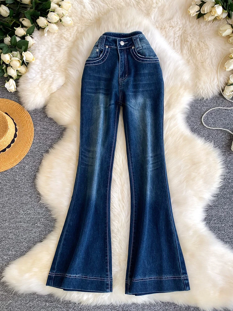 American style retro high waisted denim casual micro flared pants women in spring new gradient slim fit wide leg pants